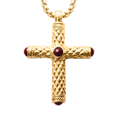 Collar de 54cm con eslabones y dije de cruz en acero con baño de oro de 22K, con piedras de 8mm - Joyería y bisutería fina