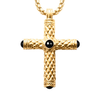 Collar de 54cm con eslabones y dije de cruz en acero con baño de oro de 22K, con piedras de 8mm - Joyería y bisutería fina