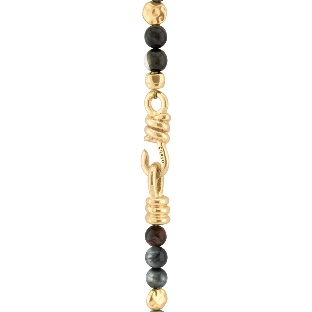 Collar de 57cm con piedra ojo de halcón de 8mm, con lunetas y dije de pluma doradas - Joyería y bisutería fina