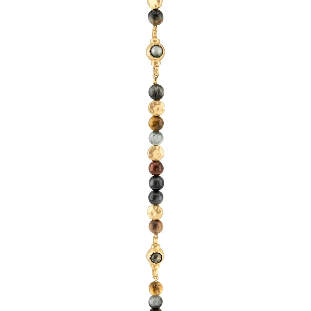 Collar de 57cm con piedra ojo de halcón de 8mm, con lunetas y dije de pluma doradas - Joyería y bisutería fina