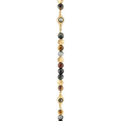 Collar de 57cm con piedra ojo de halcón de 8mm, con lunetas y dije de pluma doradas - Joyería y bisutería fina