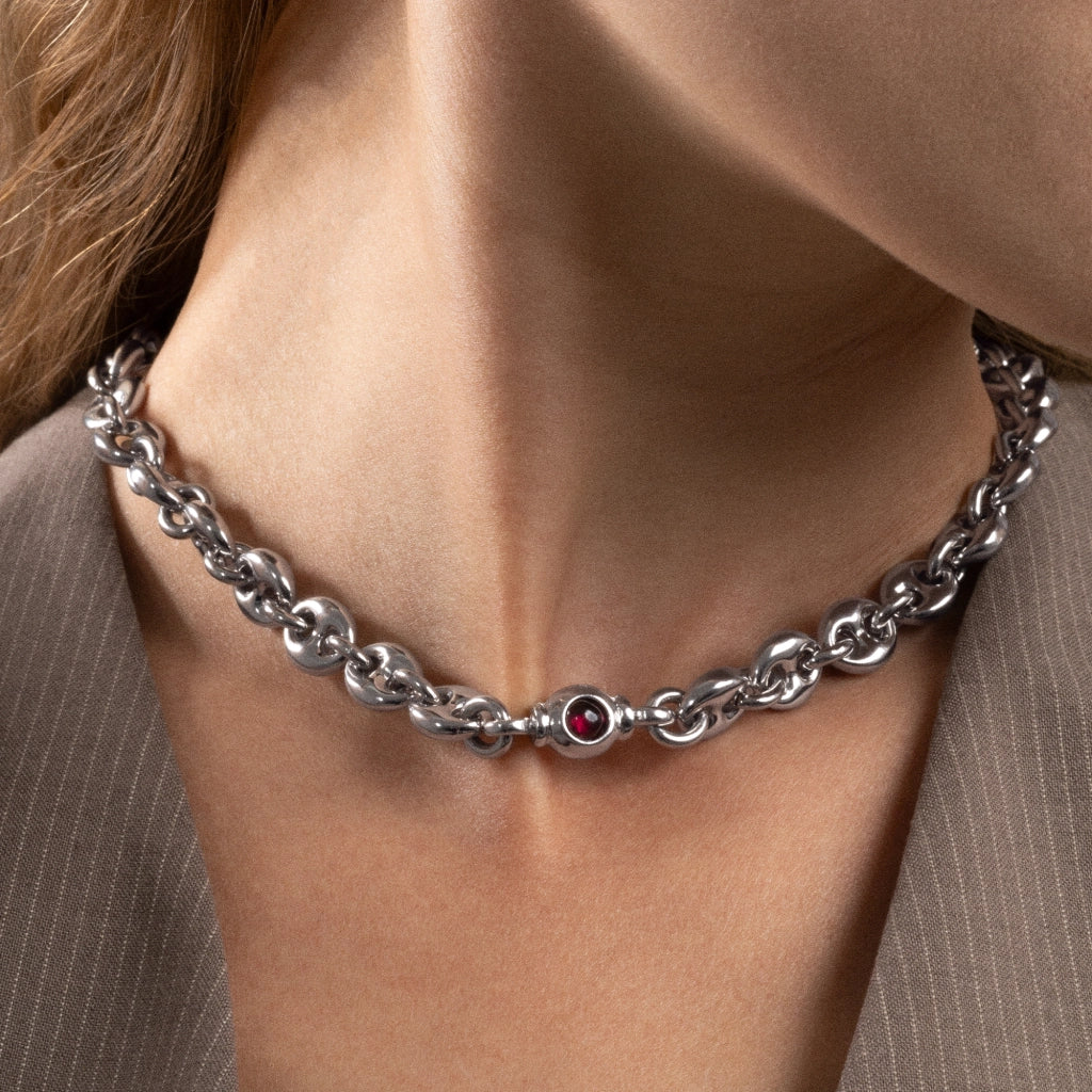 Collar choker con eslabones en baño de rodio y piedras facetadas de 5mm - Joyería y bisutería fina