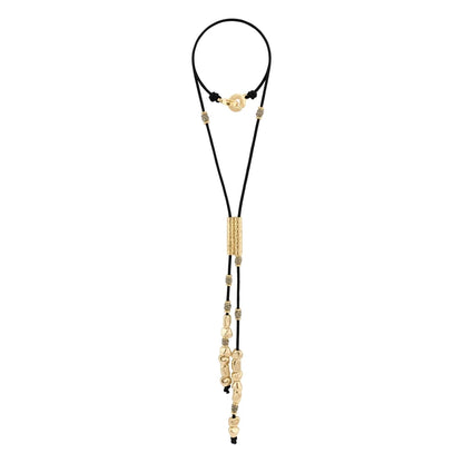 Collar corbatín de 80cm con cordón de piel natural española. con piezas en baño de 22K y nudos franceses en piel natural de borrego - Joyería y bisutería fina