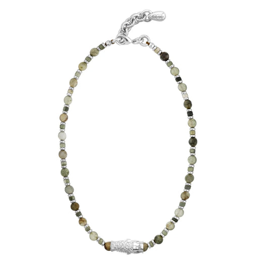 Collar choker ajustable en baño de rodio con cadena de eslabones y piedras facetadas 5mm y dije de pez koi en baño de rodio - Joyería y bisutería fina