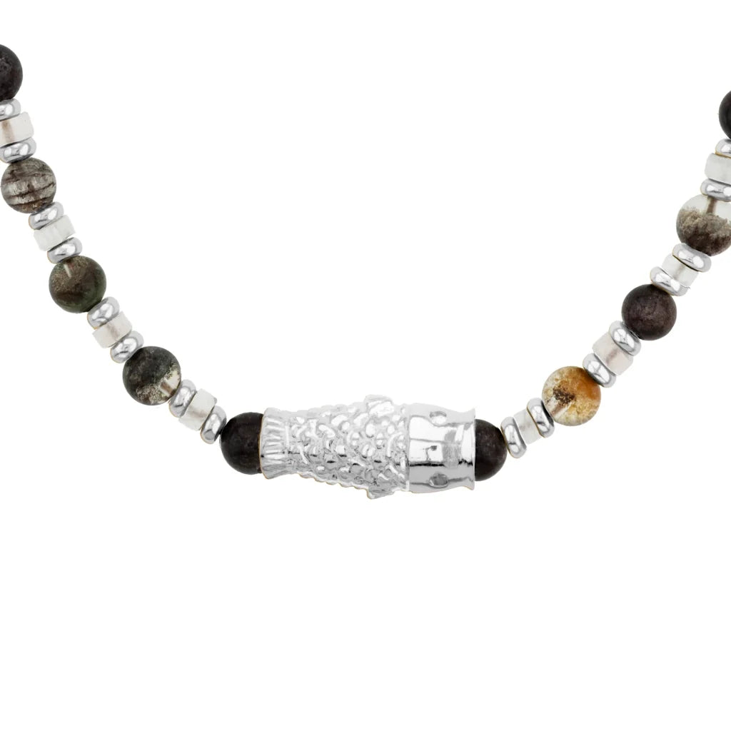 Collar choker ajustable en baño de rodio con cadena de eslabones y piedras facetadas 5mm y dije de pez koi en baño de rodio - Joyería y bisutería fina
