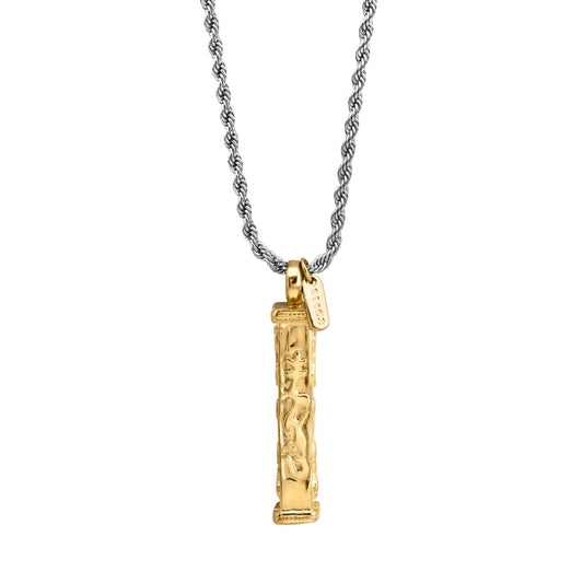 Collar de 34.5cm con cadena de acero anticado y dije de caja de oración tibetana en baño de oro de 22K - Joyería y bisutería fina