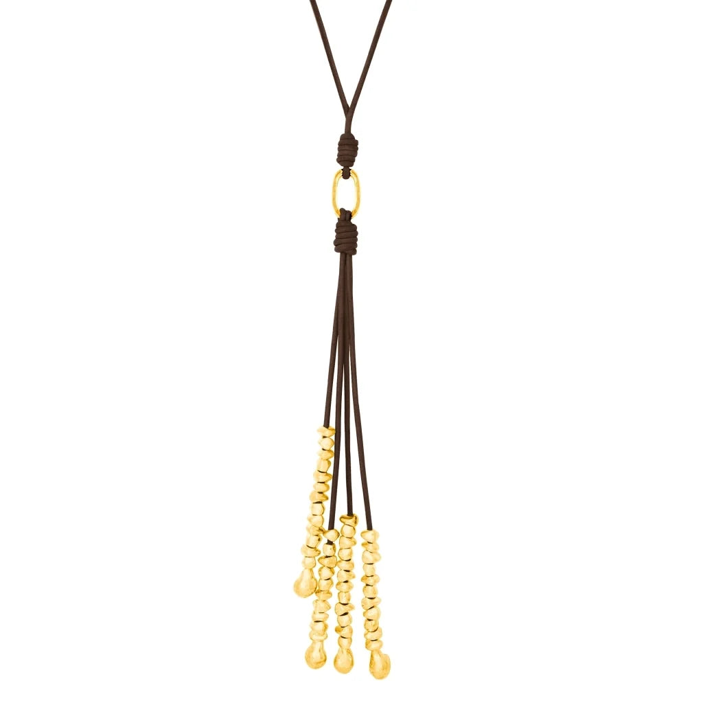 Collar de 66.5cm de piel natural de borrego, con semillas y perlas en baño de oro de 22K - Joyería y bisutería fina