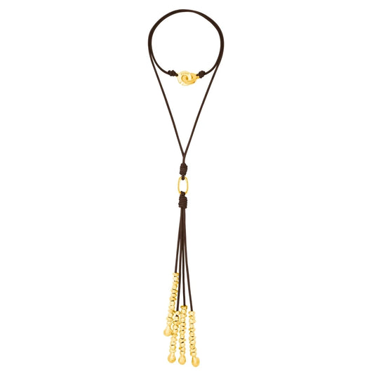 Collar de 66.5cm de piel natural de borrego, con semillas y perlas en baño de oro de 22K - Joyería y bisutería fina
