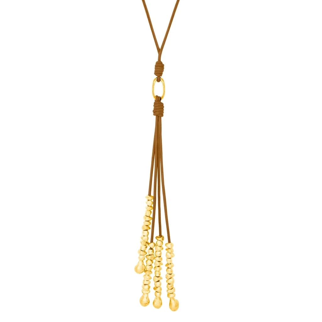 Collar de 66.5cm de piel natural de borrego, con semillas y perlas en baño de oro de 22K - Joyería y bisutería fina