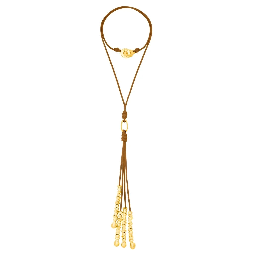 Collar de 66.5cm de piel natural de borrego, con semillas y perlas en baño de oro de 22K - Joyería y bisutería fina