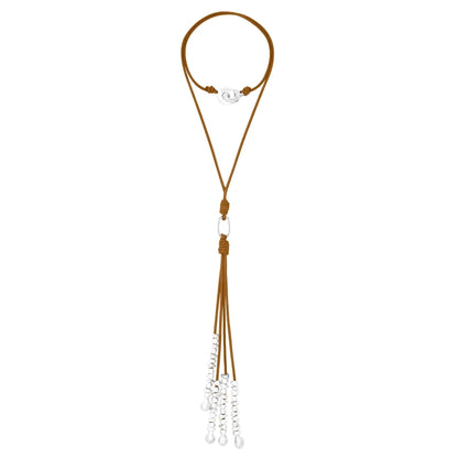 Collar de 66.5cm de piel natural de borrego, con semillas y perlas en baño de plata de .925 - Joyería y bisutería fina
