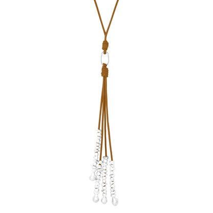 Collar de 66.5cm de piel natural de borrego, con semillas y perlas en baño de plata de .925 - Joyería y bisutería fina
