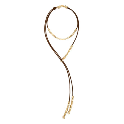 Collar choker estilo corbatín con cordón de piel natural española, perlas y cuentas, en baño de oro de 22K - Joyería y bisutería fina