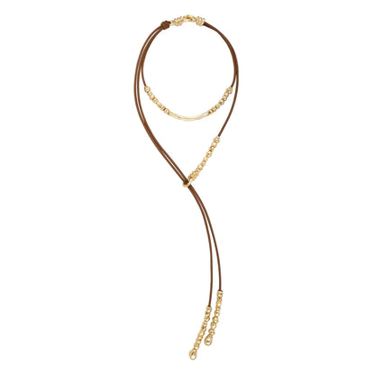 Collar choker estilo corbatín con cordón de piel natural española, perlas y cuentas, en baño de oro de 22K - Joyería y bisutería fina