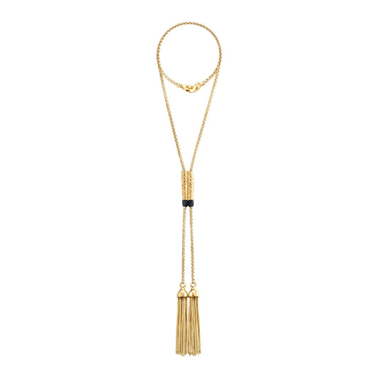 Collar con cadenas semi gruesa con borlas colgantes en baño de oro 22K con piel natural de borrego - Joyería y bisutería fina