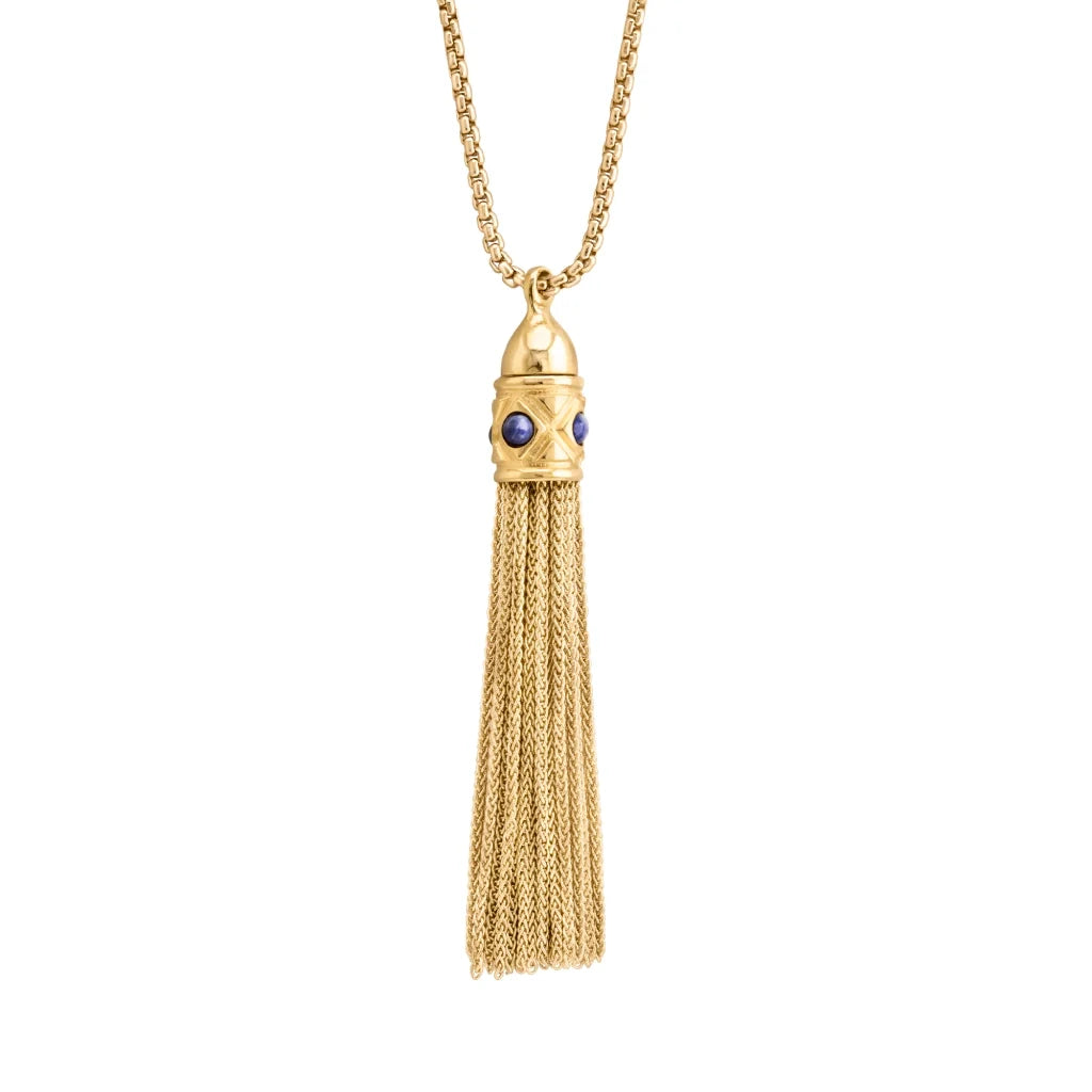 Collar con dije de corona y cadenas colgantes en baño de oro 22K con piel natural de borrego trenzada - Joyería y bisutería fina