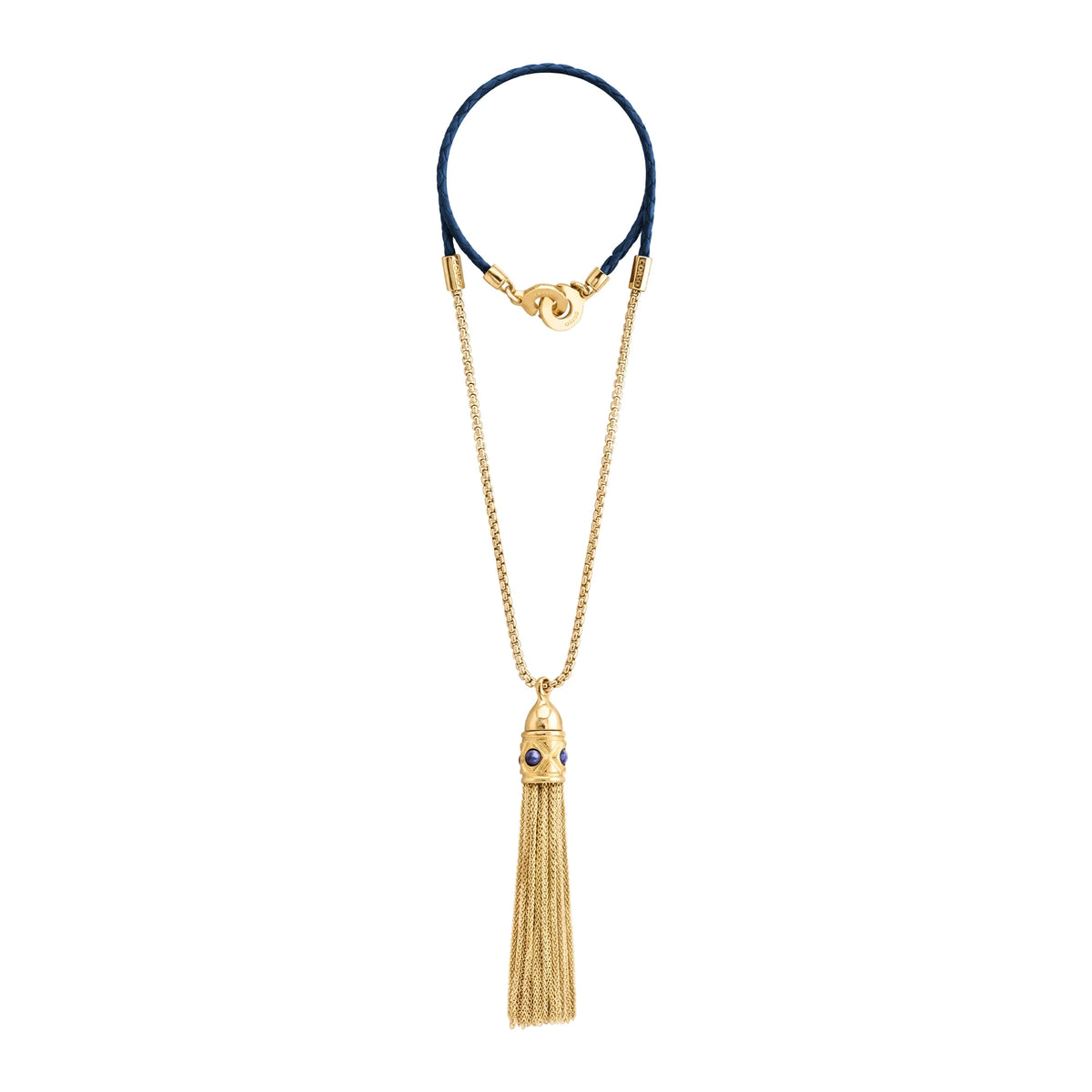 Collar con dije de corona y cadenas colgantes en baño de oro 22K con piel natural de borrego trenzada - Joyería y bisutería fina