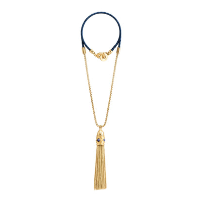 Collar con dije de corona y cadenas colgantes en baño de oro 22K con piel natural de borrego trenzada - Joyería y bisutería fina