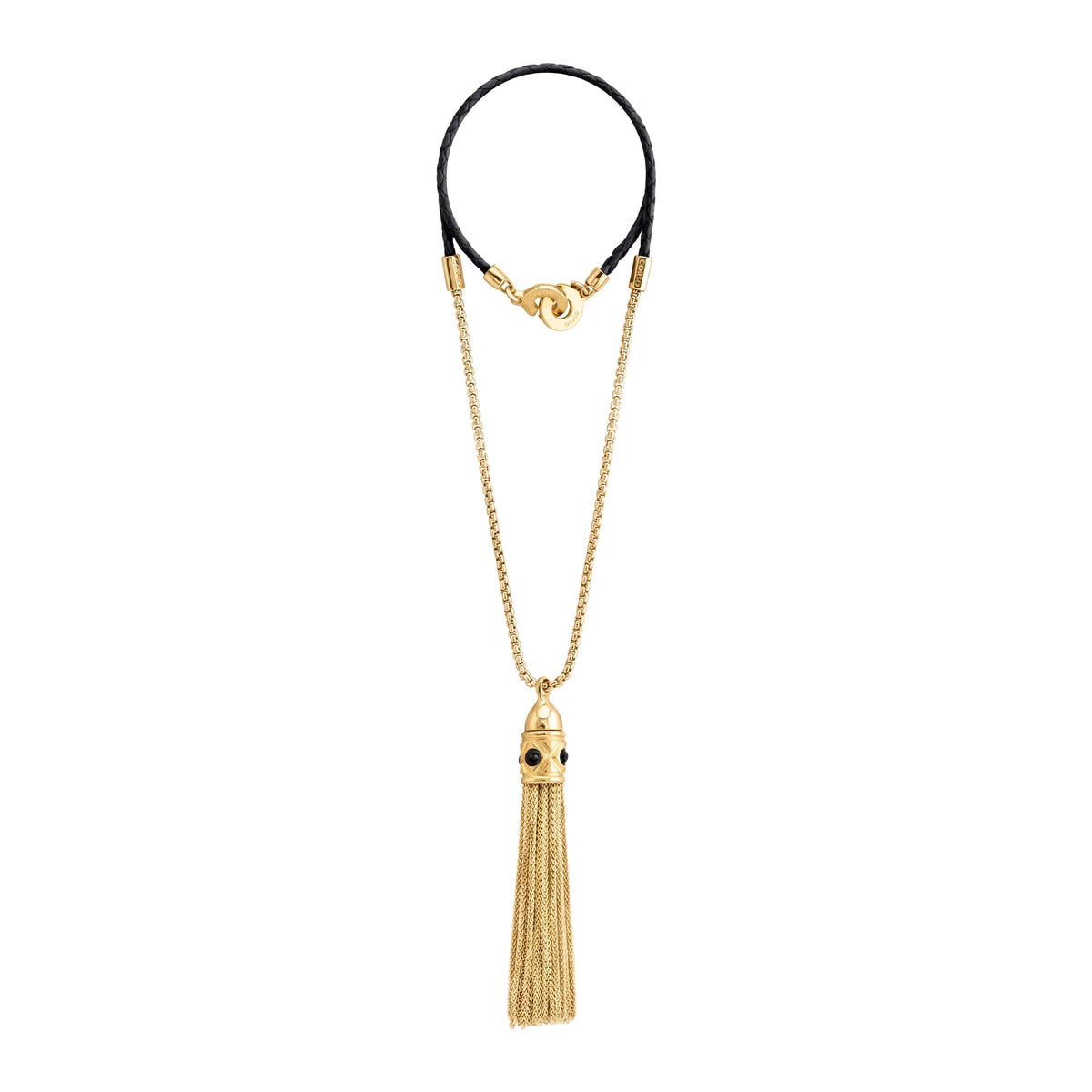 Collar con dije de corona y cadenas colgantes en baño de oro 22K con piel natural de borrego trenzada - Joyería y bisutería fina