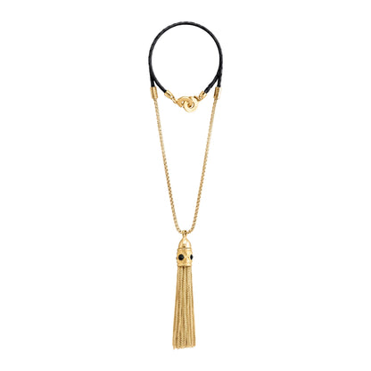 Collar con dije de corona y cadenas colgantes en baño de oro 22K con piel natural de borrego trenzada - Joyería y bisutería fina