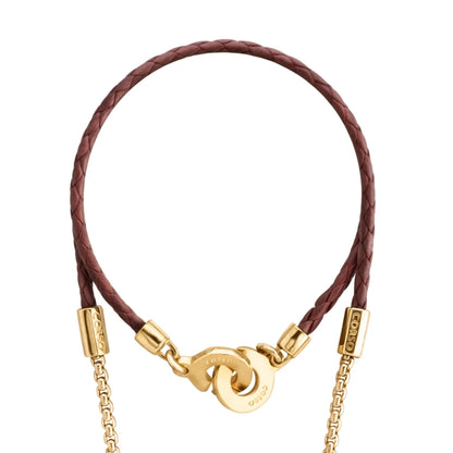 Collar con dije de corona y cadenas colgantes en baño de oro 22K con piel natural de borrego trenzada - Joyería y bisutería fina