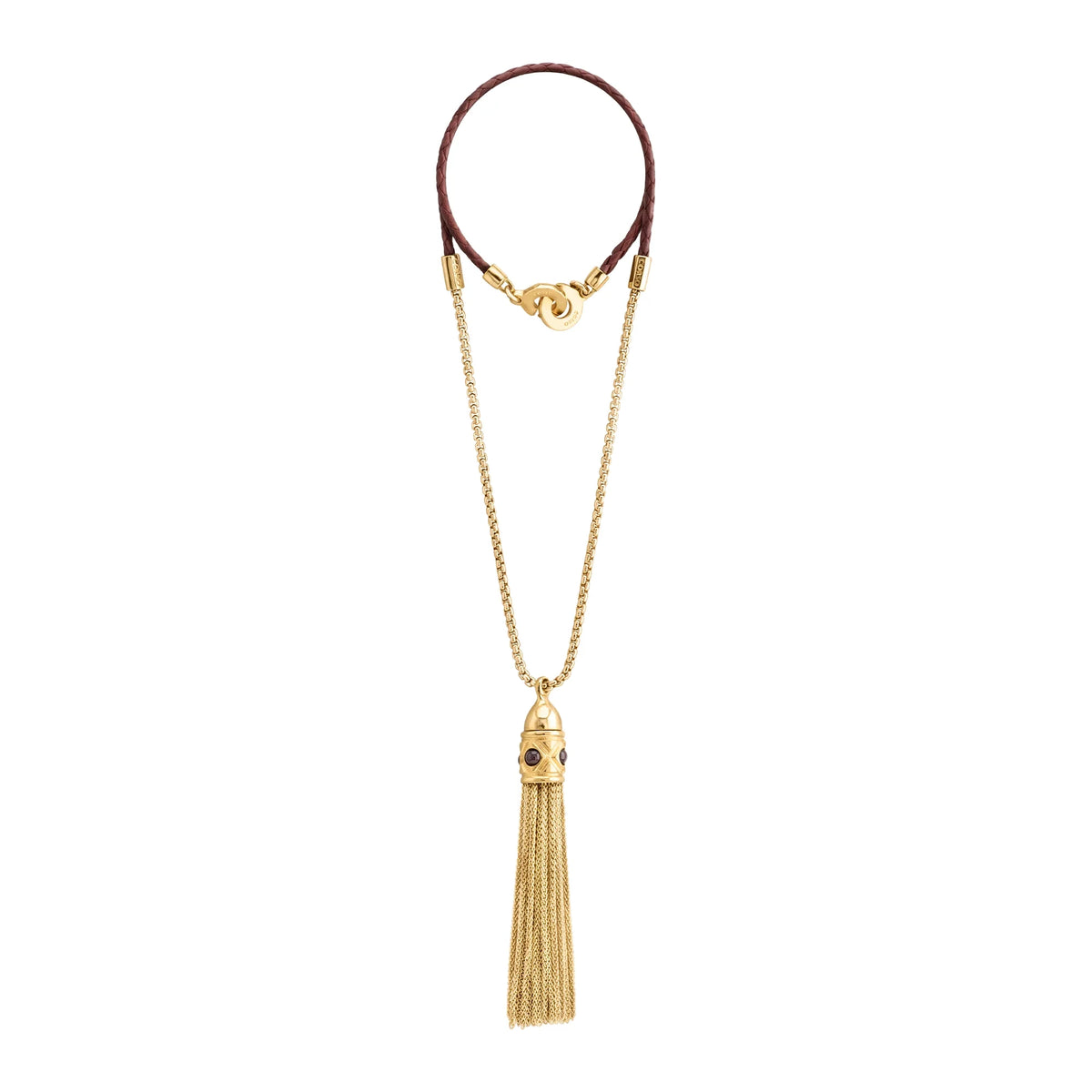 Collar con dije de corona y cadenas colgantes en baño de oro 22K con piel natural de borrego trenzada - Joyería y bisutería fina