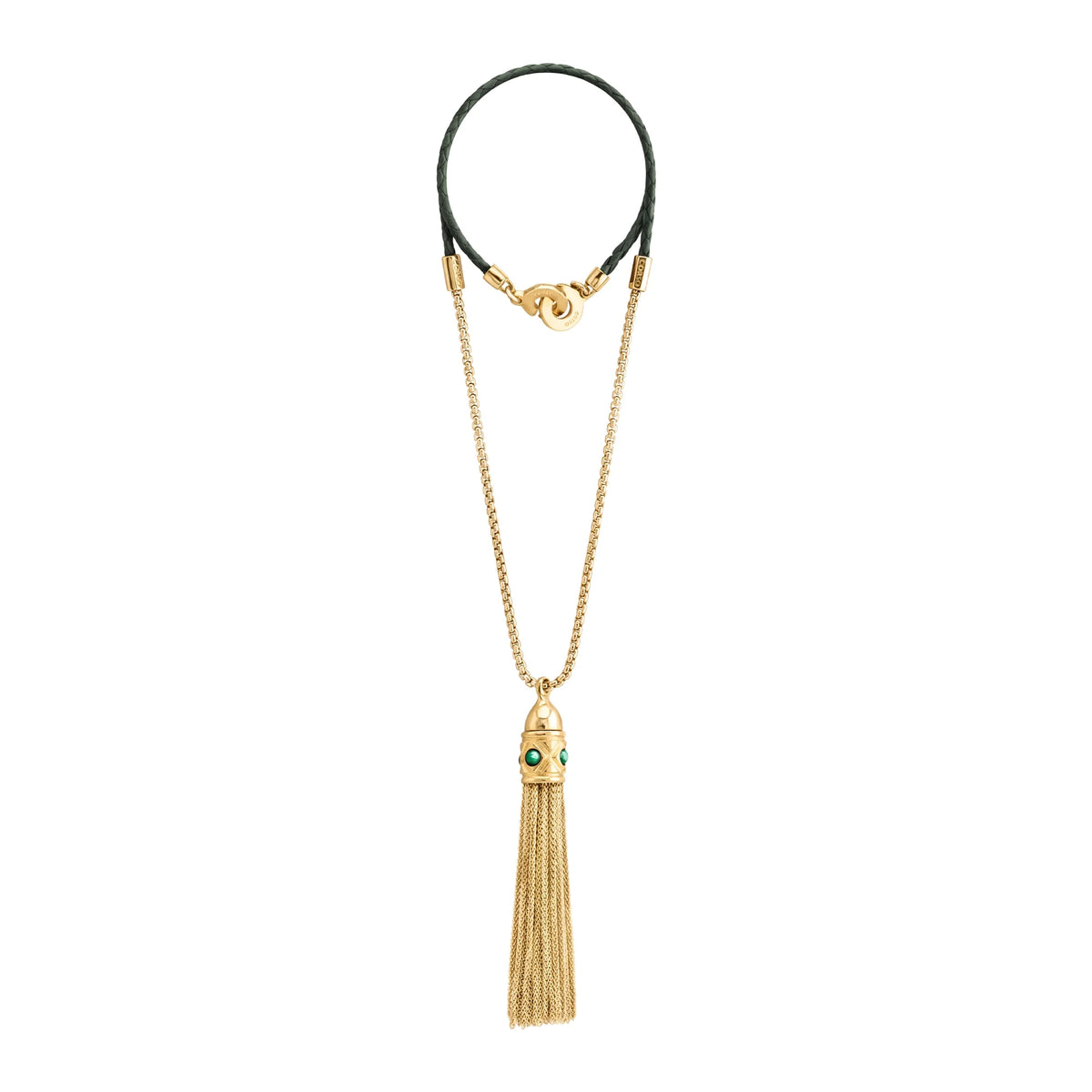 Collar con dije de corona y cadenas colgantes en baño de oro 22K con piel natural de borrego trenzada - Joyería y bisutería fina