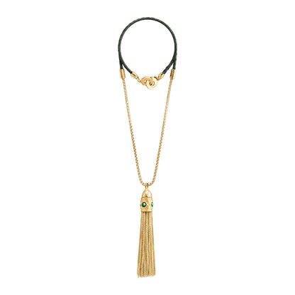 Collar con dije de corona y cadenas colgantes en baño de oro 22K con piel natural de borrego trenzada - Joyería y bisutería fina