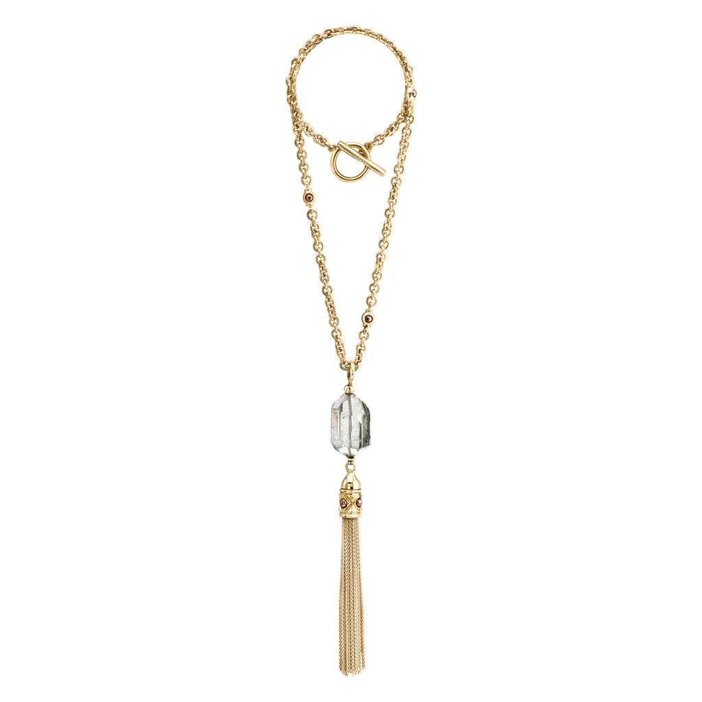 Collar Baño de Oro 22K o rodio, Cuarzo blanco central, Colgante tipo borla, cierre Omega - Joyería y bisutería fina