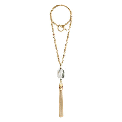 Collar Baño de Oro 22K o rodio, Cuarzo blanco central, Colgante tipo borla, cierre Omega - Joyería y bisutería fina
