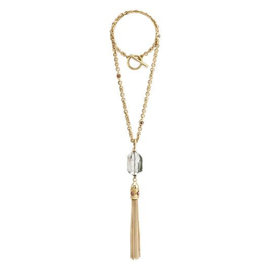 Collar Baño de Oro 22K o rodio, Cuarzo blanco central, Colgante tipo borla, cierre Omega - Joyería y bisutería fina