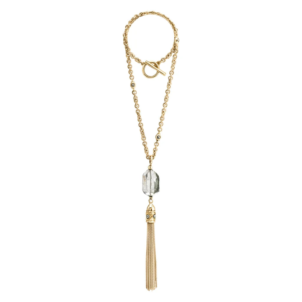 Collar Baño de Oro 22K o rodio, Cuarzo blanco central, Colgante tipo borla, cierre Omega - Joyería y bisutería fina