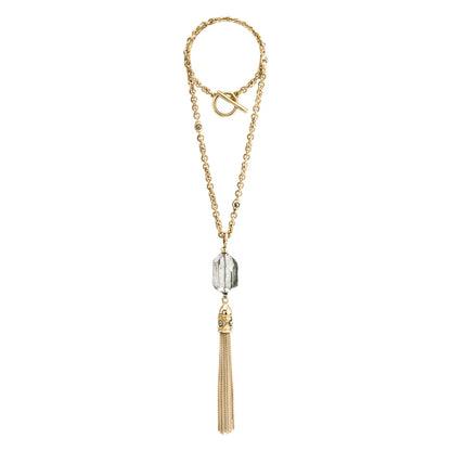 Collar Baño de Oro 22K o rodio, Cuarzo blanco central, Colgante tipo borla, cierre Omega - Joyería y bisutería fina