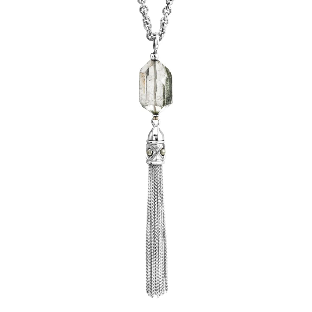 Collar Baño de Oro 22K o rodio, Cuarzo blanco central, Colgante tipo borla, cierre Omega - Joyería y bisutería fina