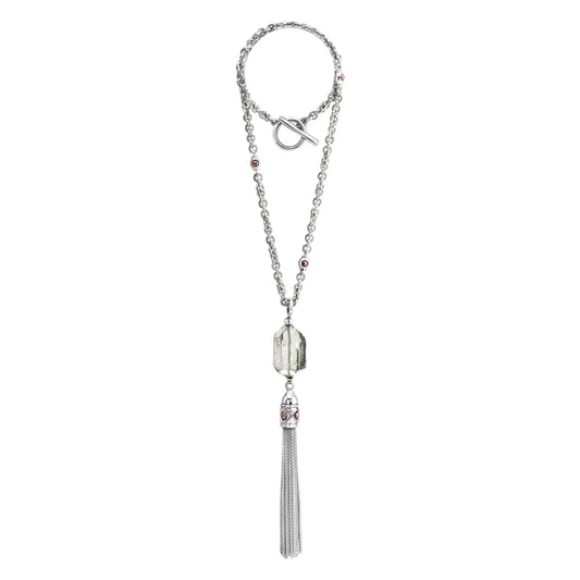 Collar Baño de Oro 22K o rodio, Cuarzo blanco central, Colgante tipo borla, cierre Omega - Joyería y bisutería fina