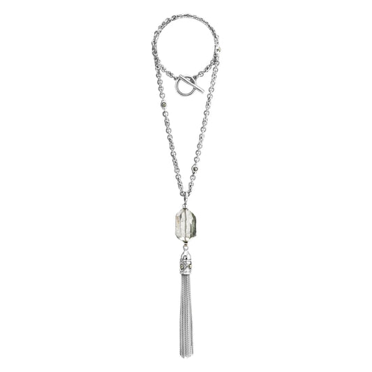 Collar Baño de Oro 22K o rodio, Cuarzo blanco central, Colgante tipo borla, cierre Omega - Joyería y bisutería fina