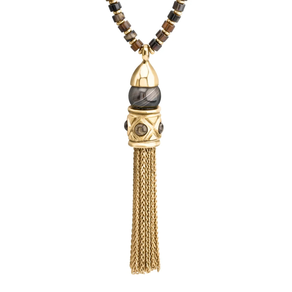 Collar Baño de Oro 22K, Ágata negra esférica, Borla de cadena - Joyería y bisutería fina