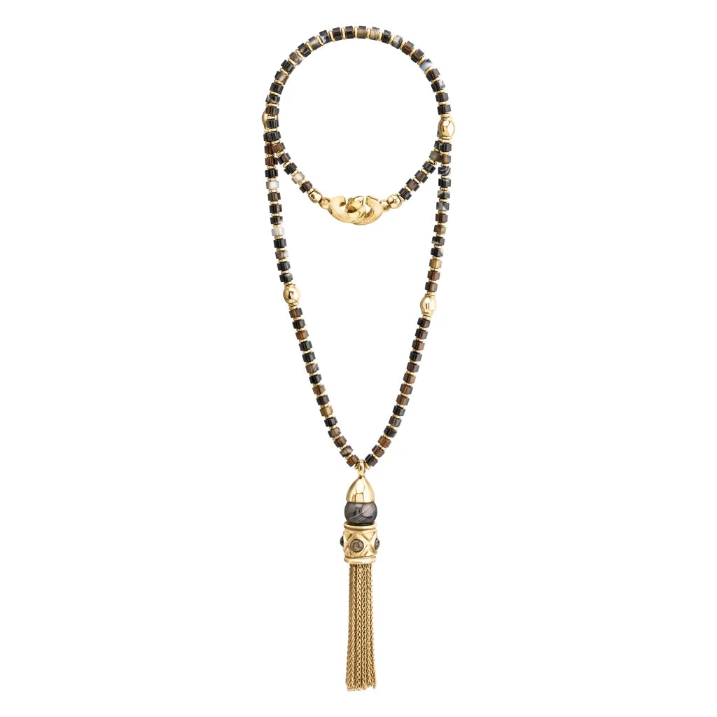 Collar Baño de Oro 22K, Ágata negra esférica, Borla de cadena - Joyería y bisutería fina