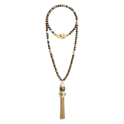 Collar Baño de Oro 22K, Ágata negra esférica, Borla de cadena - Joyería y bisutería fina