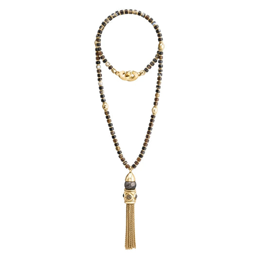 Collar Baño de Oro 22K, Ágata negra esférica, Borla de cadena - Joyería y bisutería fina