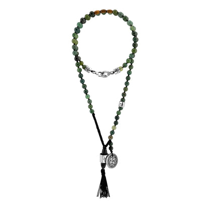Collar de 43cm con piedras 6mm, con dije de moneda tibetana y borla de hilo encerado - Joyería y bisutería fina
