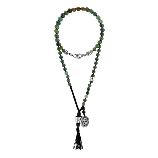 Collar de 43cm con piedras 6mm, con dije de moneda tibetana y borla de hilo encerado - Joyería y bisutería fina