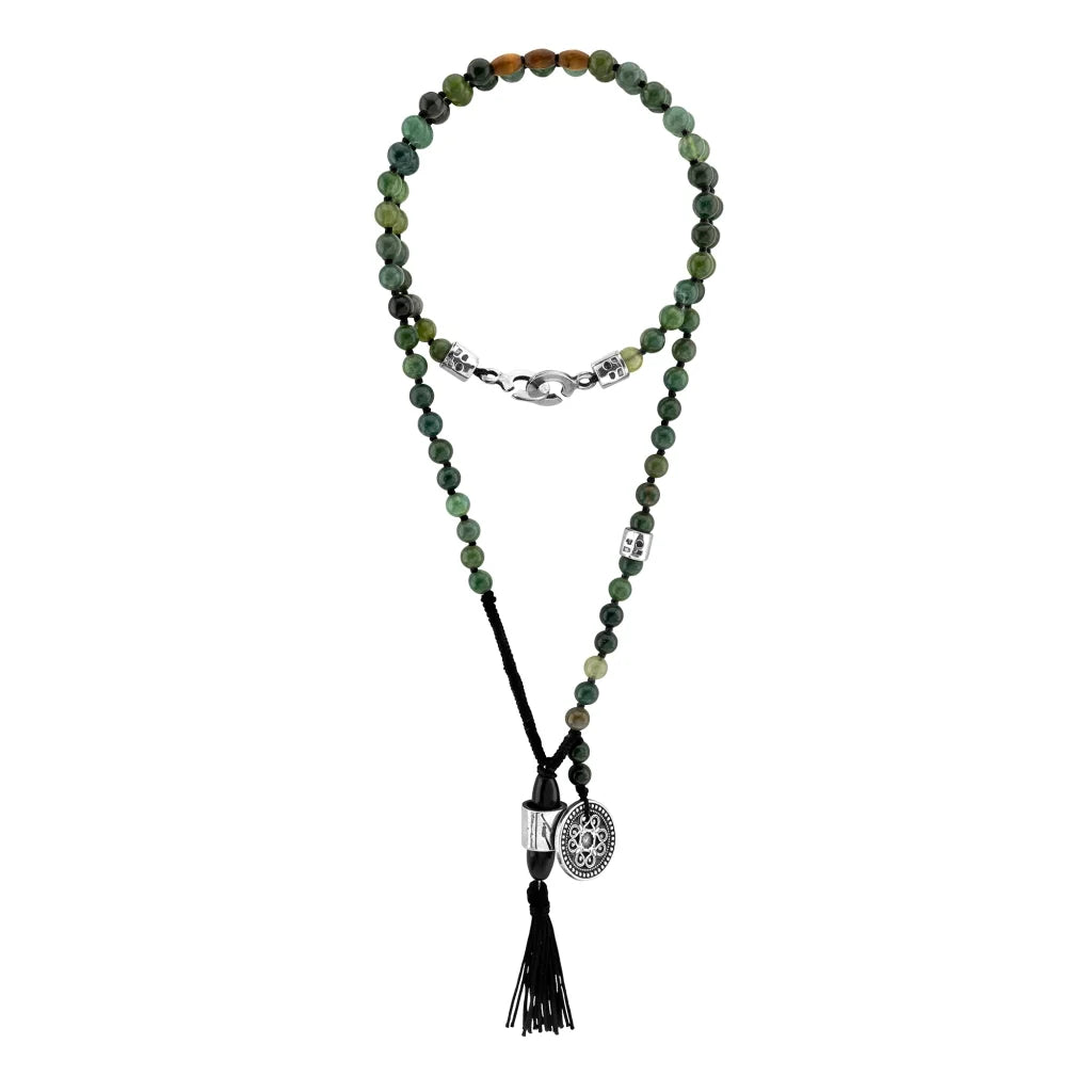 Collar de 43cm con piedras 6mm, con dije de moneda tibetana y borla de hilo encerado - Joyería y bisutería fina