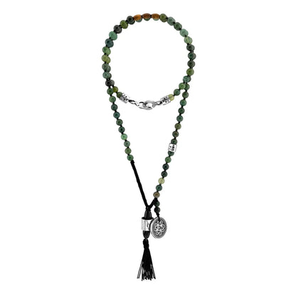 Collar de 43cm con piedras 6mm, con dije de moneda tibetana y borla de hilo encerado - Joyería y bisutería fina
