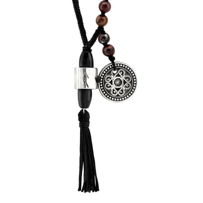 Collar de 43cm con piedras 6mm, con dije de moneda tibetana y borla de hilo encerado - Joyería y bisutería fina