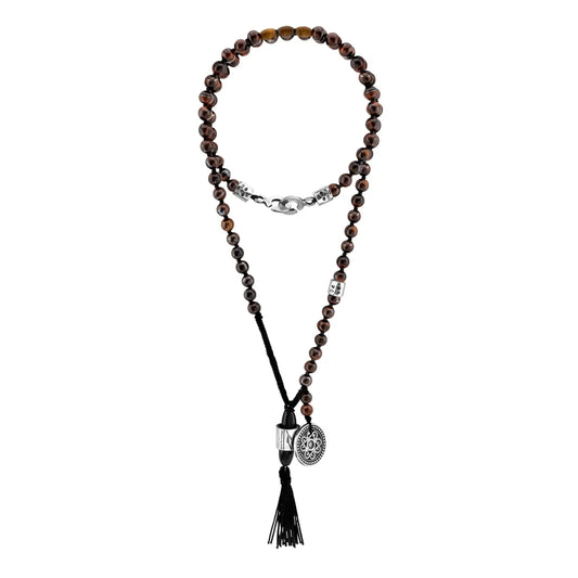 Collar de 43cm con piedras 6mm, con dije de moneda tibetana y borla de hilo encerado - Joyería y bisutería fina