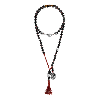 Collar de 43cm con piedras 6mm, con dije de moneda tibetana y borla de hilo encerado - Joyería y bisutería fina
