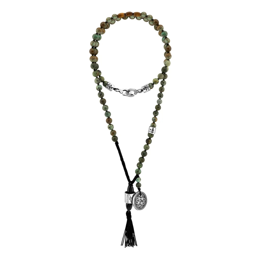 Collar de 43cm con piedras 6mm, con dije de moneda tibetana y borla de hilo encerado - Joyería y bisutería fina