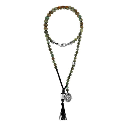 Collar de 43cm con piedras 6mm, con dije de moneda tibetana y borla de hilo encerado - Joyería y bisutería fina