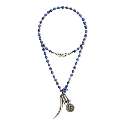 Collar de 34cm con piedras 4mm, con mini esferas moneda tibetana y colmillo en acero pulido - Joyería y bisutería fina